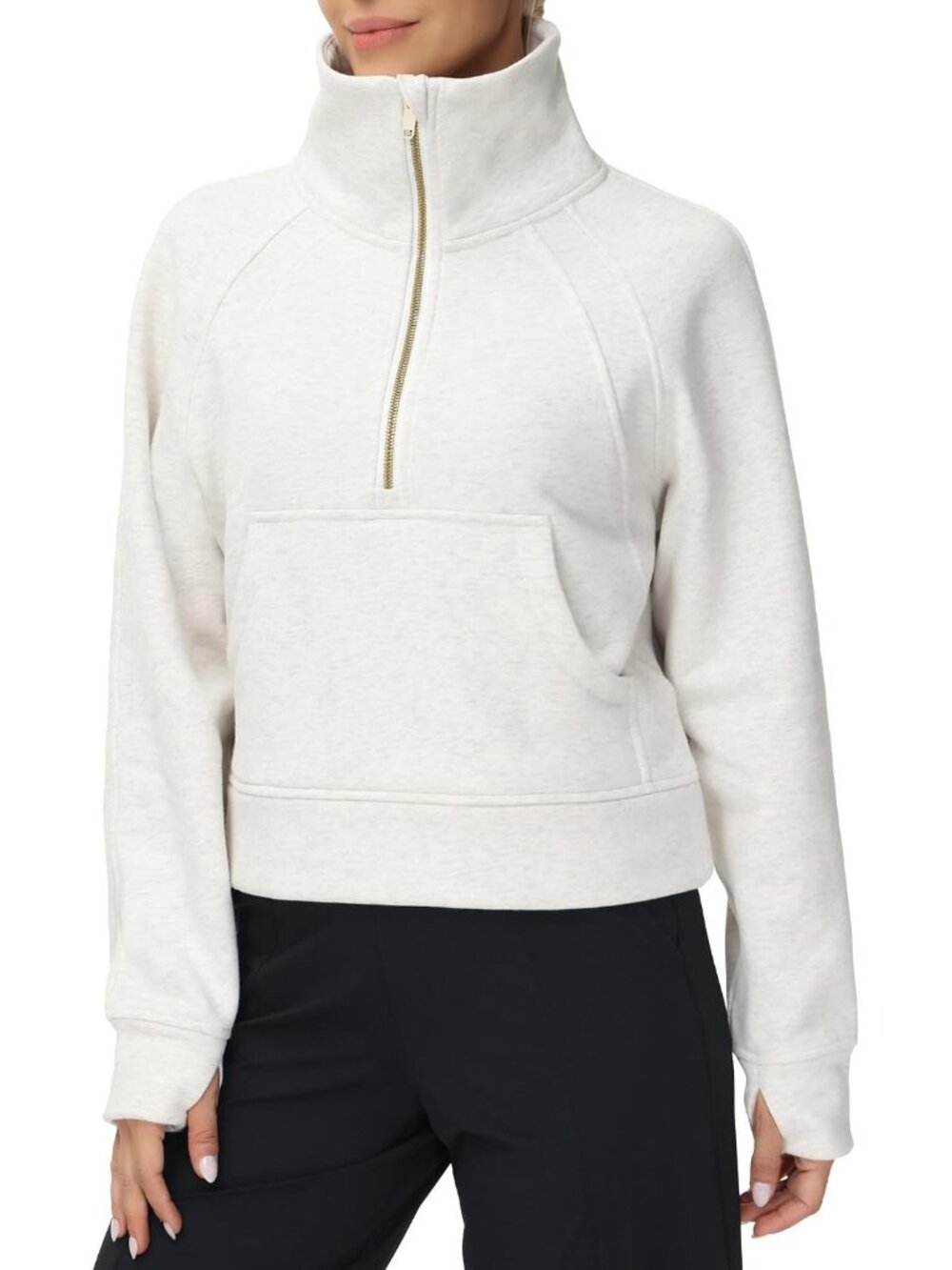 Women's Off-White Fleece Lined Stand Collar Half Zip Thumb Holes Crop Sweatshirt